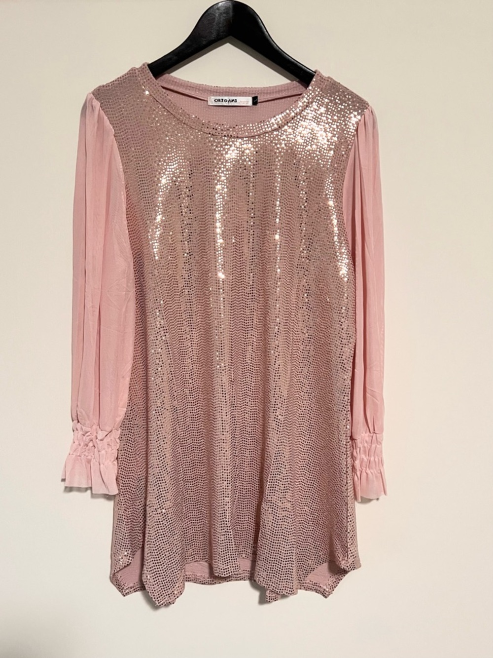Origami Sequin Blush Pink Mini Dress with Sheer Sleeves - Picture 4 of 9
